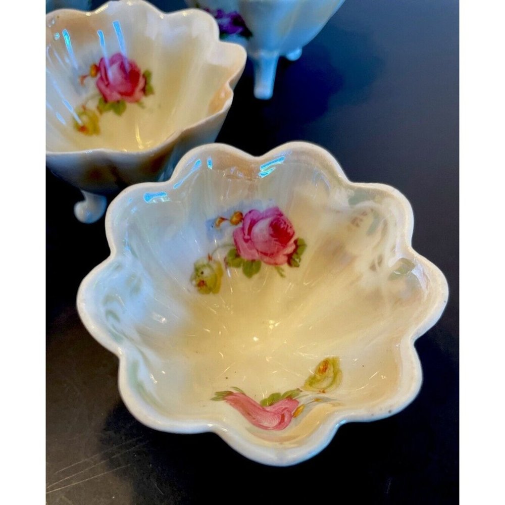 Antique Small Bowls Germany Fluted Footed Hand Decorated Pink Roses ~ Set Of 4